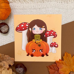 Carte postale d'automne | Automne mignon | Cartes postales mignonnes | Cartes kawaii | Citrouille et champignons | Citrouille kawaii | Fille