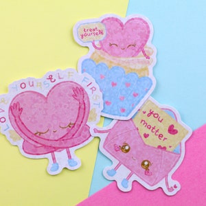 Conjunto de 3 adesivos de autocuidado | Kawaii | Adesivos Kawaii | Adesivos brilhantes | Adesivos de afirmação | Adesivos de autocuidado |