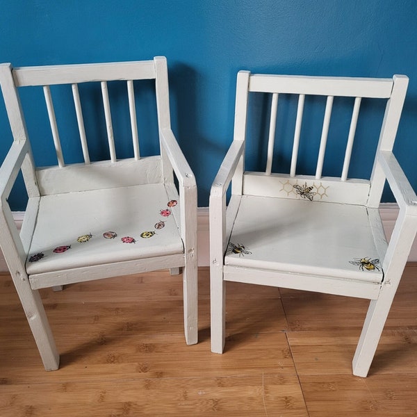 Hand Illustrated Bee and Ladybird Antique Small Children's/Doll Chairs