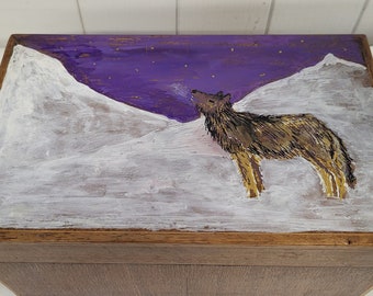 Beautiful Hand Painted Snowy Wolf Scene Box with Snowflake Decoupage Lining