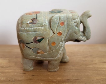 Pale Green Small Soapstone Ornate Elephant with inlaid detailing - 5cm tall