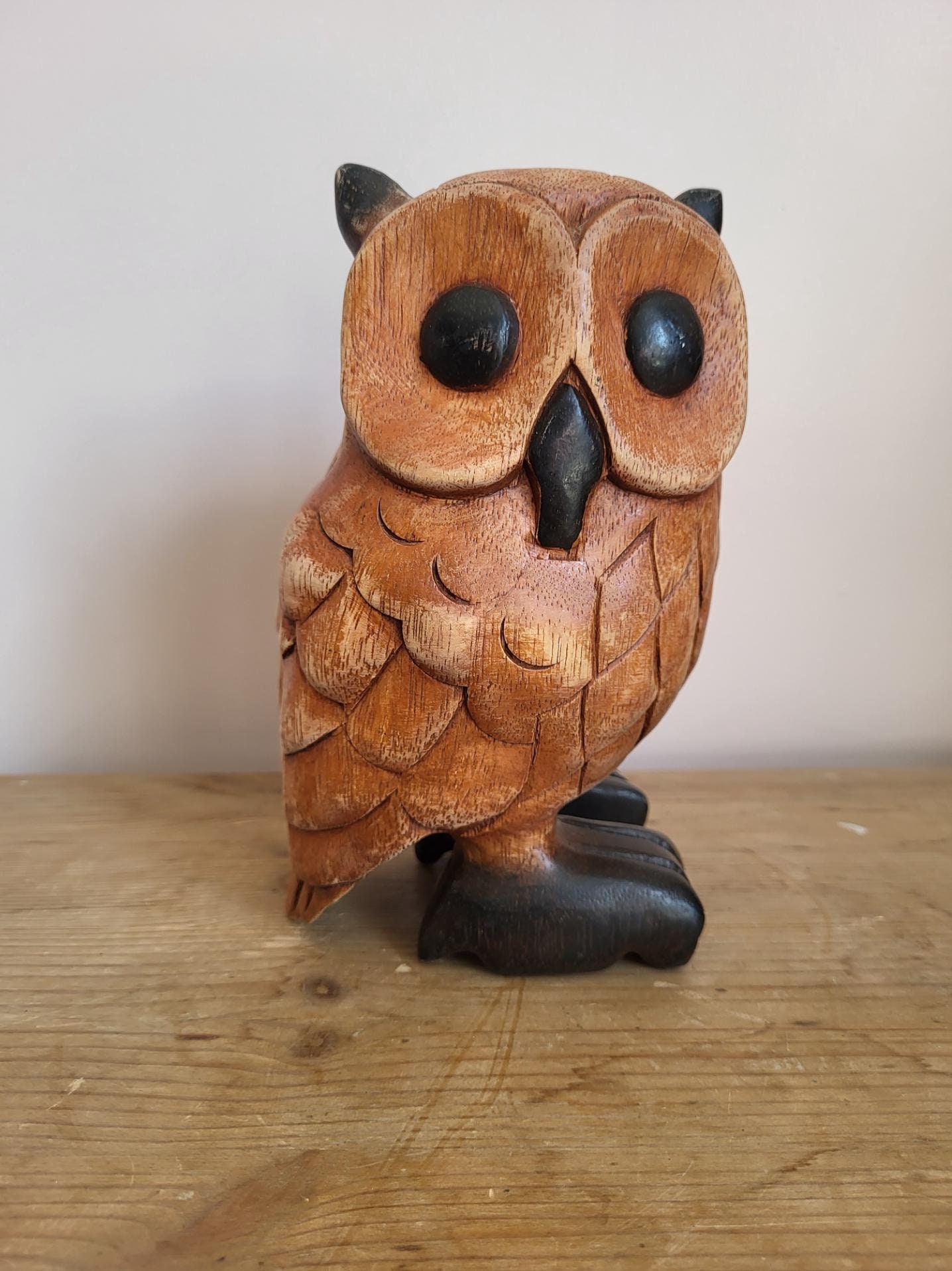 Solid Wooden Carved Owl with black painted features