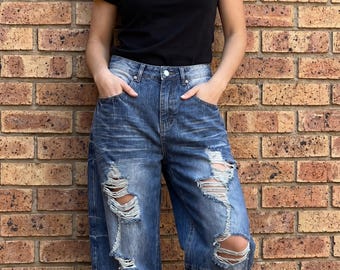 Women’s Ripped Baggy Jeans – Oversized Washed Denim Pants, Loose Fit Distressed Y2K Streetwear Wide Leg Jeans Blue