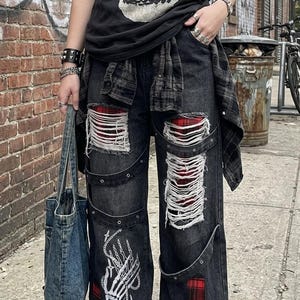 Pantalones vaqueros desgastados con retazos – Pantalones vaqueros negros de pierna ancha y rasgados, vaqueros holgados con estampado gráfico de estilo urbano hip hop con bolsillos, vaqueros góticos, chica gótica