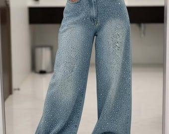 Ladies Wide Rhinestone Jeans, Vintage Style Loose Denim Pants, Sparkly Casual Women's Pants, Ladies Baggy Denim Trousers