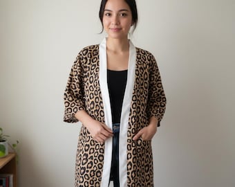 Leopard Print Kimono Robe - Women's Soft Robe, Leopard Print Gown For Ladies