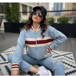 Cozy Striped Knit Sweater Women, Oversized Blue Pullover, Ladies Fall Knitwear, Zip Up Jersey, Golf Jersey Sweater, Retro Style Knitwear