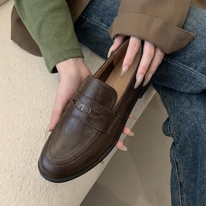 May include: A pair of brown leather loafers with a decorative strap across the top. The shoes have a rounded toe and a low heel. The loafers are a classic style, suitable for various occasions.