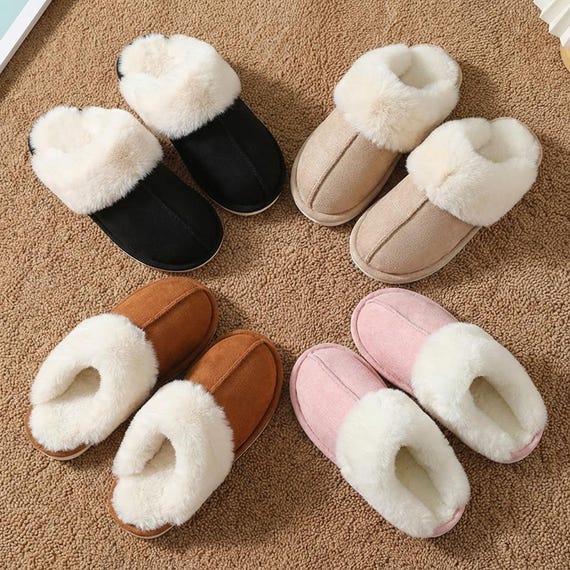 Cozy Furry Sheepskin-Lined Cowhide Leather Slippers – Warm Slip-On House Shoes in Multiple Colors, Plush Women's Winter Slippers
