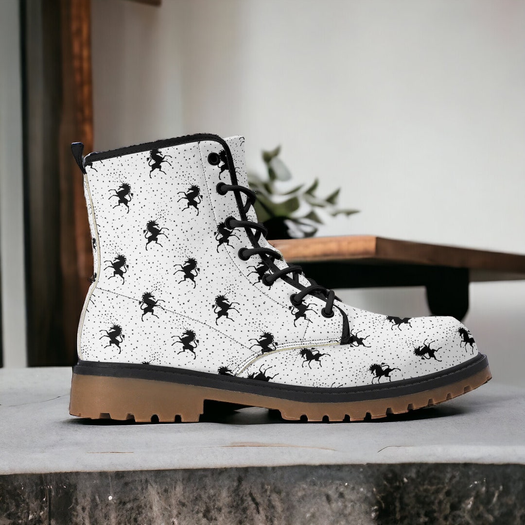 Stallion Print Vegan Leather Brown Outsole Boots, Water Resistant