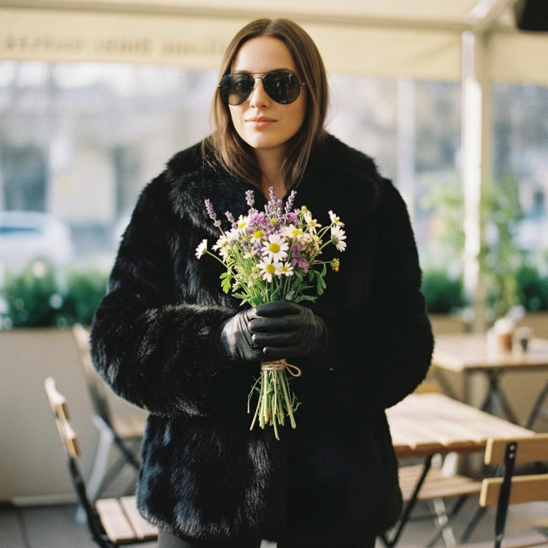 May include: A woman wearing a black faux fur coat and sunglasses holds a bouquet of wildflowers. The bouquet includes white daisies, purple lavender, and other greenery, tied with twine. She is also wearing black gloves.