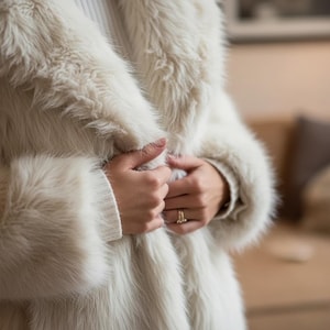 May include: A cream-colored faux fur coat with a wide collar and long sleeves. The coat is being held closed by the wearer's hands, revealing a gold ring. The fur appears soft and fluffy, creating a luxurious look.
