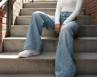 Baggy Rhinestone Embellished Jeans, Vintage Style Loose Denim Pants, Sparkly Casual Women's Pants, Ladies Trousers