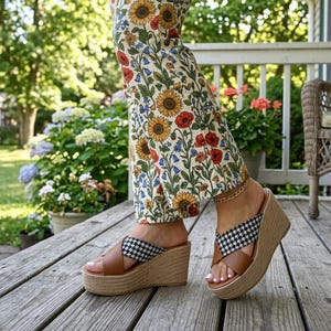 Women’s Wedge Slide Sandals – High Platform Espadrille Slippers with Houndstooth Strap, PU Leather Summer Casual Shoes, Thick sole Sandals