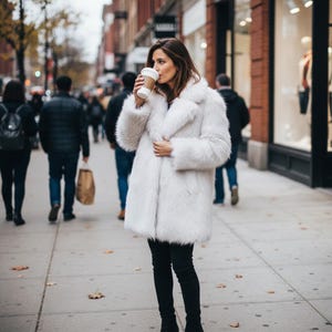 May include: A woman wearing a white faux fur coat and black pants drinks from a coffee cup while walking on a city sidewalk. The coat has a large collar and a fluffy texture. Other people are walking in the background.