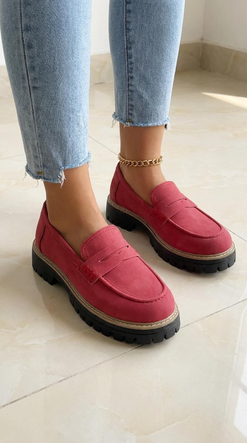 May include: Red loafers with a chunky black sole. The shoes have a classic penny loafer design with a stitched vamp and a rounded toe. The shoes are made of a suede-like material. The shoes are worn with light blue jeans.