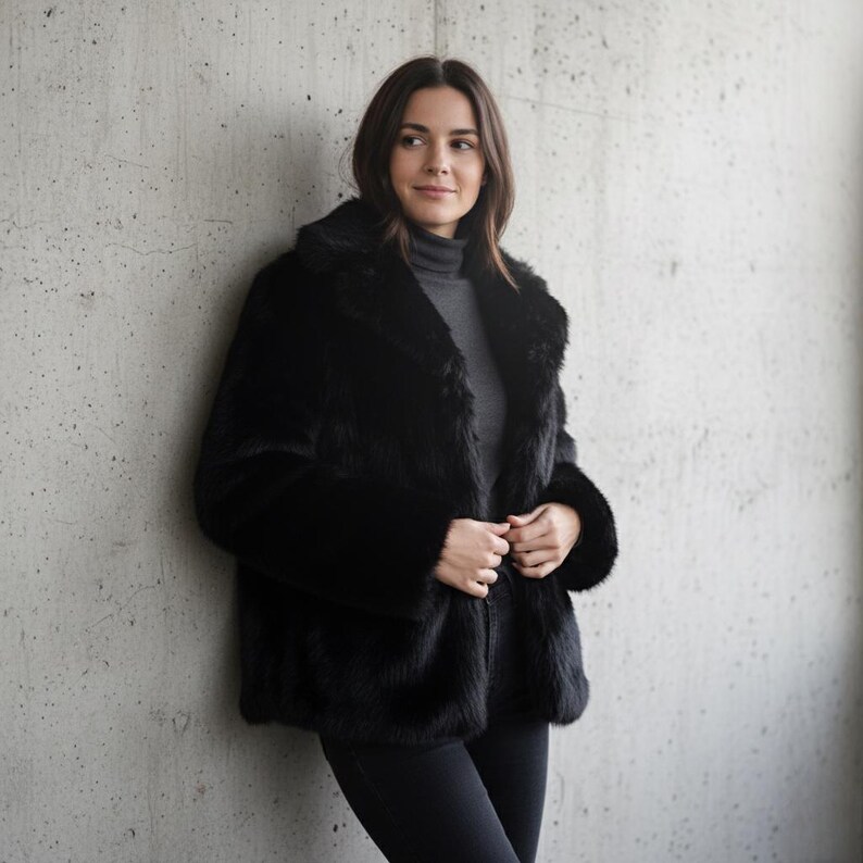 May include: A black faux fur coat with a wide collar and long sleeves. The coat is buttoned and worn over a gray turtleneck. The model is leaning against a concrete wall.