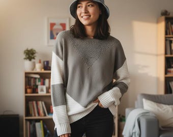 Loose Paneled Knit Sweater for Women, Soft Round Neck Pullover, Casual Long Sleeve Top, Loose Knit Pullover, Women's Stitched Knit Wool Top