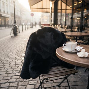 May include: A black faux fur coat draped over a wooden chair at an outdoor cafe. A cup of coffee sits on the table, along with a saucer, spoon, and a napkin. The scene is set on a cobblestone street.