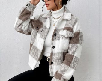 Plaid Sherpa Shacket, Women's Teddy Fleece Jacket