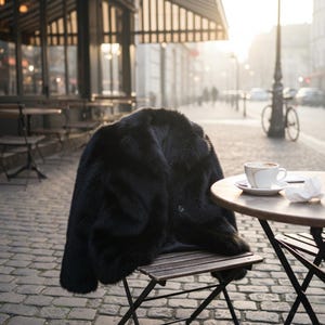 May include: A black faux fur coat draped over a wooden chair at an outdoor cafe. A cup of coffee sits on a small table nearby. The scene is set on a cobblestone street with a blurred background.
