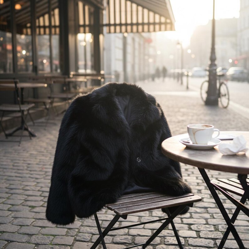 May include: A black faux fur coat draped over a wooden chair at an outdoor cafe. A cup of coffee sits on a small table nearby. The scene is set on a cobblestone street with a blurred background.