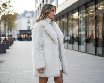 May include: A woman wearing a long, off-white faux fur coat with a wide collar, walking on a city sidewalk. The coat is paired with a white turtleneck and a short skirt. The background features buildings and storefronts.