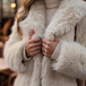 May include: Cream-colored faux fur coat with a wide collar and long sleeves. The coat is being held closed by hands wearing rings. The coat is part of a winter fashion collection.