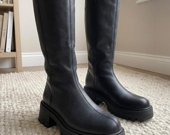 Women's Knee High Chunky Leather Boots, Platform Lug Sole Riding Boots, Round Toe & Block Heel, Tall Zip Up Boot