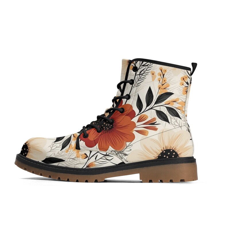 Boho Floral Print Vegan Leather Brown Outsole Boots, Water Resistant