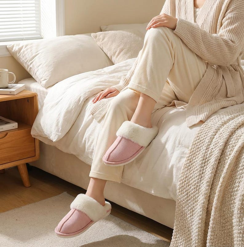 Peut inclure: Des chaussons roses avec une bordure en fausse fourrure. Les chaussons sont pos&eacute;s sur un lit avec une literie blanche et une couverture beige. Les chaussons sont con&ccedil;us pour un usage int&eacute;rieur et offrent confort et chaleur.