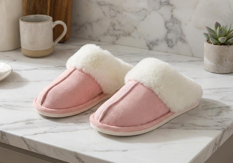 Peut inclure: Une paire de pantoufles en daim rose avec une bordure en fausse fourrure blanche. Les pantoufles sont sur un comptoir en marbre. Une tasse, une planche &agrave; d&eacute;couper et une plante succulente sont en arri&egrave;re-plan.