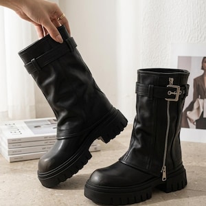 Women's Platform Motorcycle Boots, Mid-Calf Faux Leather Chunky Biker Boots, Lug Sole Zip Buckle Biker Combat Boots Fall Winter