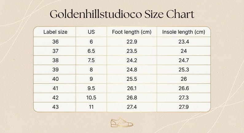 May include: A shoe size chart from Goldenhillstudioco. It shows label sizes 36-43, US sizes 6-11, foot lengths in cm from 22.9 cm to 27.4 cm, and insole lengths from 23.4 cm to 27.9 cm. The chart is on a cream background.