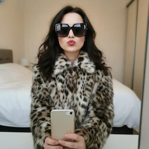 Peut inclure: Une personne portant de grandes lunettes de soleil carrées noires et un manteau en fausse fourrure à imprimé léopard. Le manteau a un large col et une palette de couleurs neutres de blanc, marron et noir. Elle tient un smartphone doré.