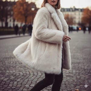 May include: A cream-colored faux fur coat with a wide collar and long sleeves. The coat is knee-length and appears to be worn outdoors. The background shows a cobblestone street and blurred figures.