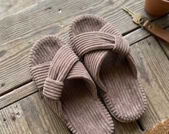 Pantoufles confortables en velours côtelé avec nœud | Mules d'intérieur pour femmes en mousse à mémoire de forme | Sandales d'intérieur antidérapantes à bout ouvert