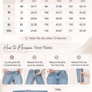 May include: Size chart for pants, with waist, hip, and trouser measurements in inches and centimeters. Includes instructions on how to measure pants, with diagrams and tips for using a measuring tape and comparing to well-fitting pants.