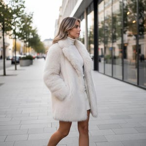 May include: A woman wearing a white faux fur coat with a wide collar and pockets. The coat is knee-length and paired with a white turtleneck and skirt. The background shows a city street with trees and buildings.
