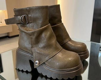 Women's Slouchy Lug Sole Boots, Chunky Platform Ankle Boots, Brown Moto Buckle Boots, Round Toe Slip On Winter Boots, Vegan Leather Boots