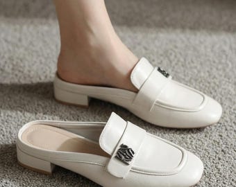 Block Heel Faux Leather Slip-on Loafers, Women’s Vegan Leather Mules, Square Toe Elegant Office Shoes, Stylish Lady Closed Toe Mary Janes