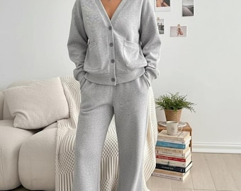 Winter Women’s Cardigan & Wide Leg Pants Set, Casual Two-Piece Outfit, Cozy Knit Lounge Set, Elegant Fall Wide Leg Pants,