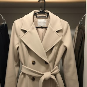 May include: A beige double-breasted coat with a notched collar and a matching belt tied at the waist. The coat has two rows of brown buttons and is hanging on a black hanger in a closet. The brand name "SHALENSOK" is visible on the label.