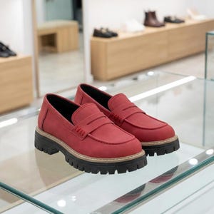 May include: Red leather loafers with a black lug sole, displayed on a glass surface. The shoes have a classic penny loafer design. Other shoes are visible in the background, suggesting a shoe shop setting.