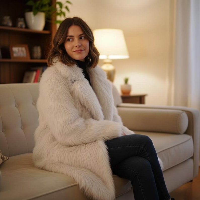 May include: A long, off-white faux fur coat with a wide collar. The coat is worn over a black top and dark blue jeans. The person is seated on a light beige sofa in a well-lit room.