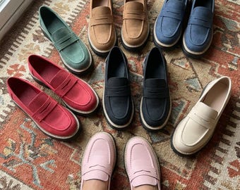 Vegan Leather Ladies Loafers, Trendy Slip-On Platform Loafers | Everyday Casual Women’s Shoes, Office Shoes, Gift for Her