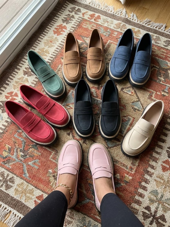 Vegan Leather Ladies Loafers, Trendy Slip-On Platform Loafers | Everyday Casual Women’s Shoes, Office Shoes, Gift for Her