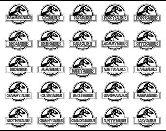 May include: A set of 25 black and white dinosaur family SVG and PNG digital downloads. The designs feature a dinosaur silhouette with the text "[family member]saurus" in a Jurassic Park-inspired font.  The family members include: Mawma, Gigi, Papa, Poppy, Poppa, Bro, Bruh, Mommy, Sister, Mimi, Daddy, Aunt, Nana, Grammy, Cousin, Uncle, Grandma, Mama, Brother, Granny, Grandpa, Auntie, and Baby.