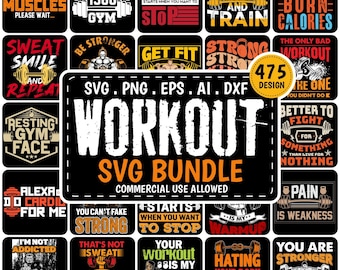 Pode incluir: Um conjunto de designs SVG com tema de treino, incluindo frases como "No Pain, No Gain" e "Sweat, Smile, and Repeat". O pacote inclui 475 designs e é adequado para uso comercial. Os designs apresentam fontes e gráficos em negrito.
