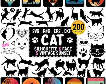 Paquete SVG de silueta de gato: Atardecer vintage, vector de mascota (más de 200 archivos) (Descarga digital)